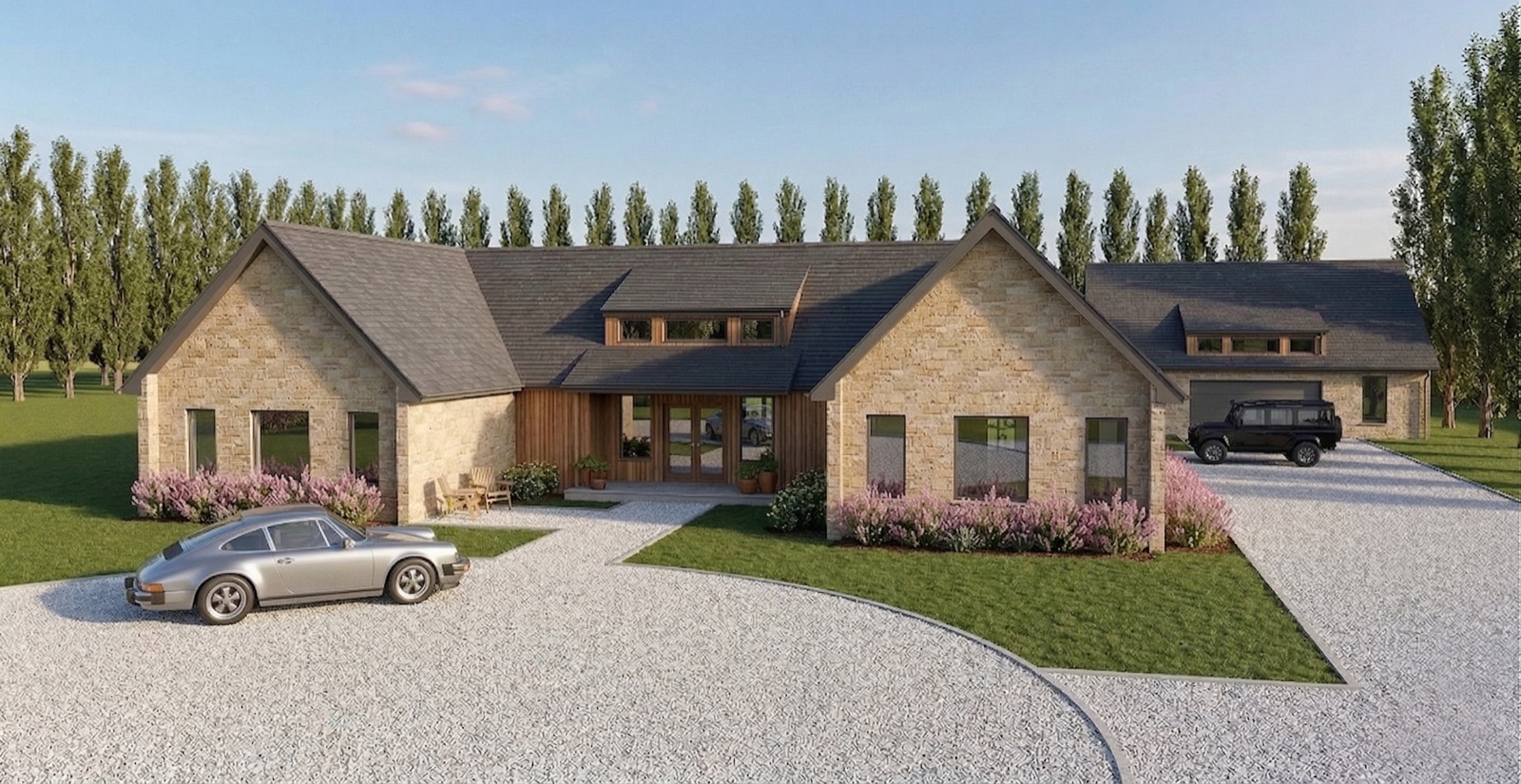 Liv Hus exterior rendering — stone and cedar farmhouse with gabled rooflines, gravel drive, Bluestem Lake
